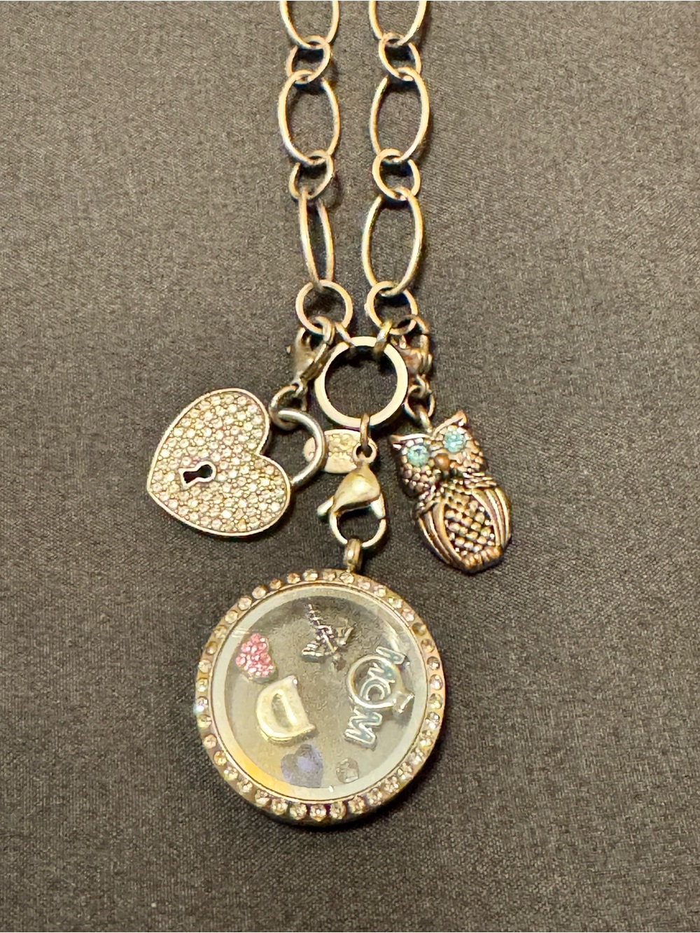 Silver Owl & Heart Charm Locket Necklace some missing stones